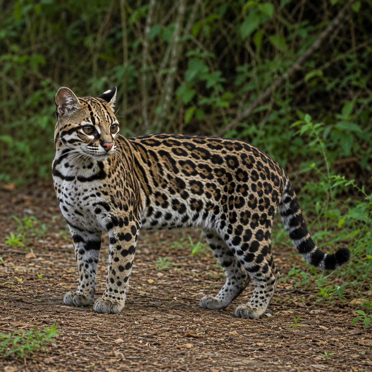 A wild ocelot with chain-like dark markings standing in a leafy rainforest habitat