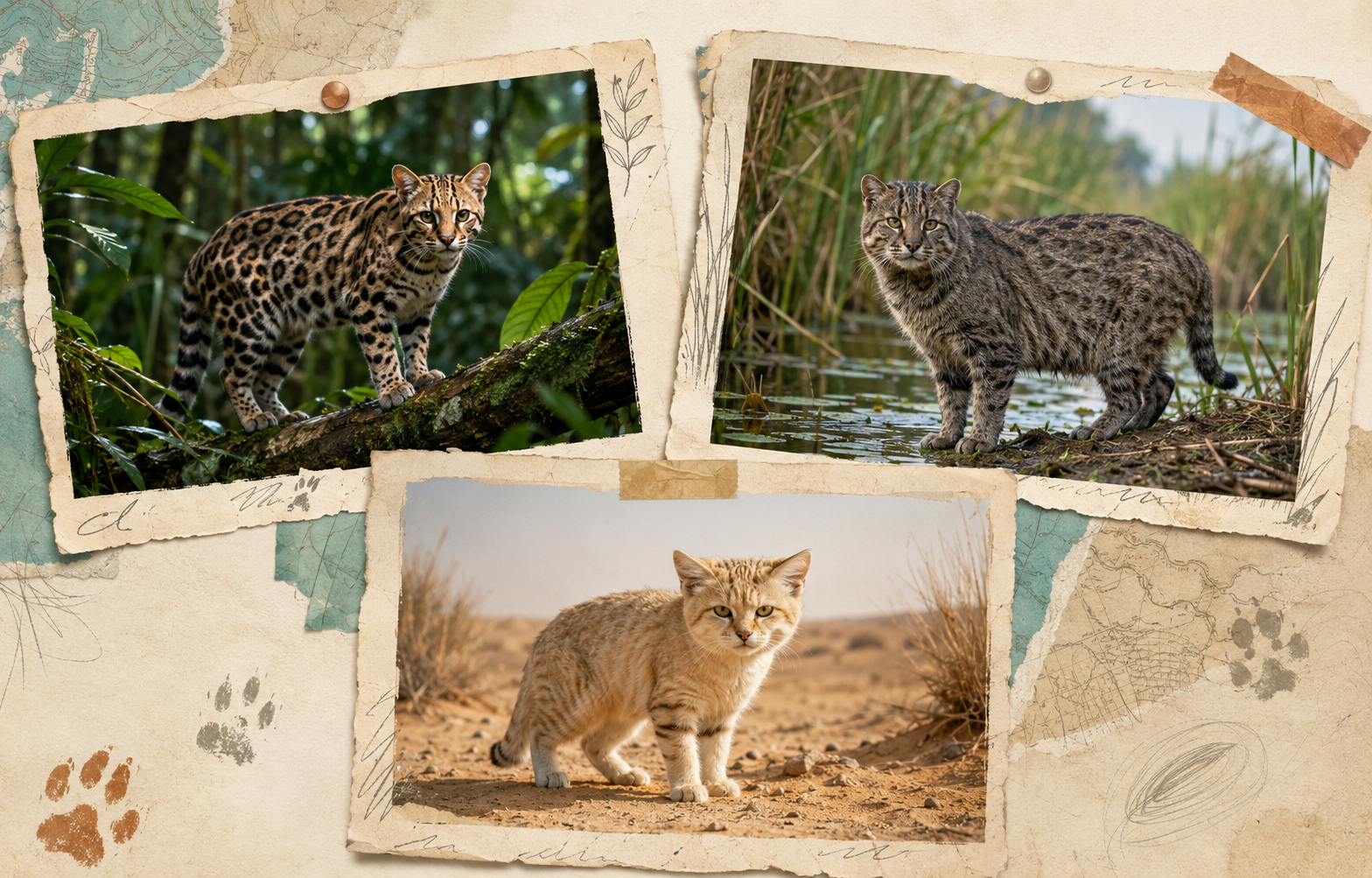 Field guide photographs of an ocelot in a rainforest, a fishing cat beside a wetland, and a sand cat in the desert